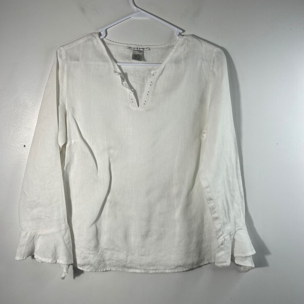 Womens Jillian Jones V Neck Linen Tunic White S Long Bell‎ Sleeve